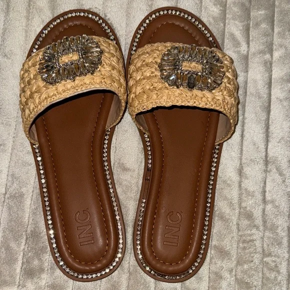 INC International Concepts Tan Woven Slide Sandals with Rhinestones - Picture 2 of 16